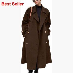 Women's Wool Pea Coat Double Breasted Notch Lapel Midi Long Winter Coat